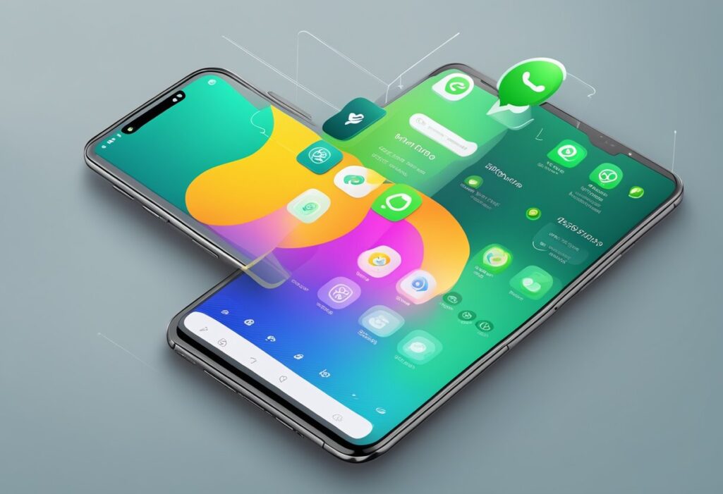 Um smartphone exibindo o WhatsApp Aero com recursos e benefícios em destaque. Cores vibrantes e design moderno