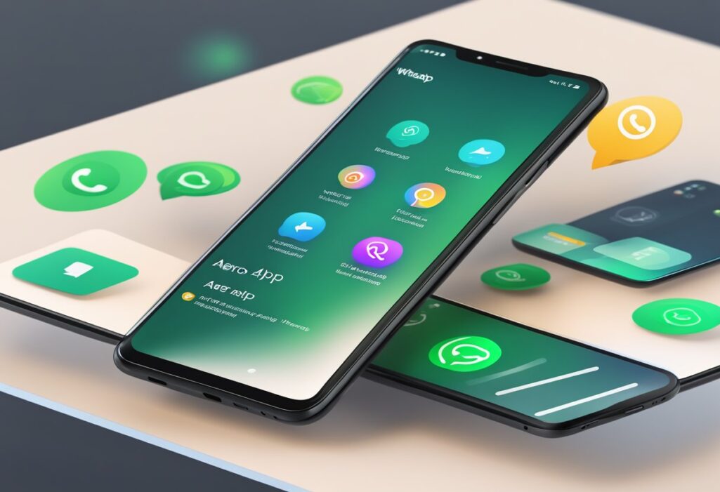 Um smartphone exibindo o aplicativo WhatsApp Aero com uma interface elegante e moderna, apresentando seus recursos e benefícios