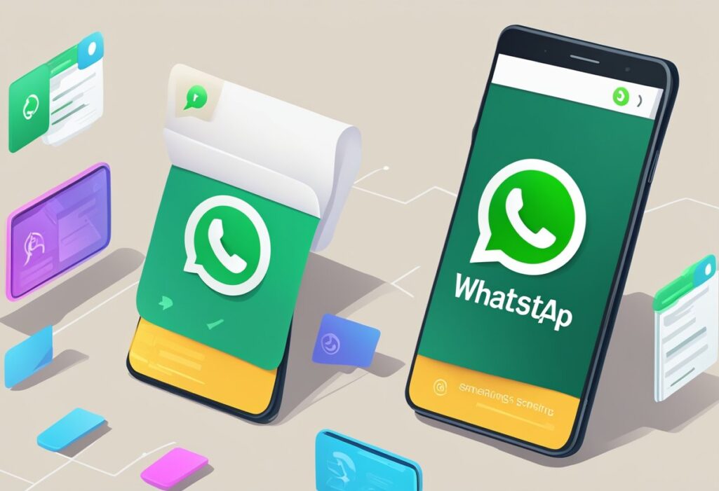 Um smartphone exibindo uma conversa do WhatsApp com o logotipo de uma empresa e uma sequência de mensagens de envio e acompanhamento de um orçamento