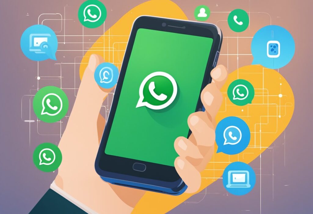 Um smartphone com logotipo do WhatsApp enviando mensagens para vários contatos, com um gráfico mostrando maior envolvimento