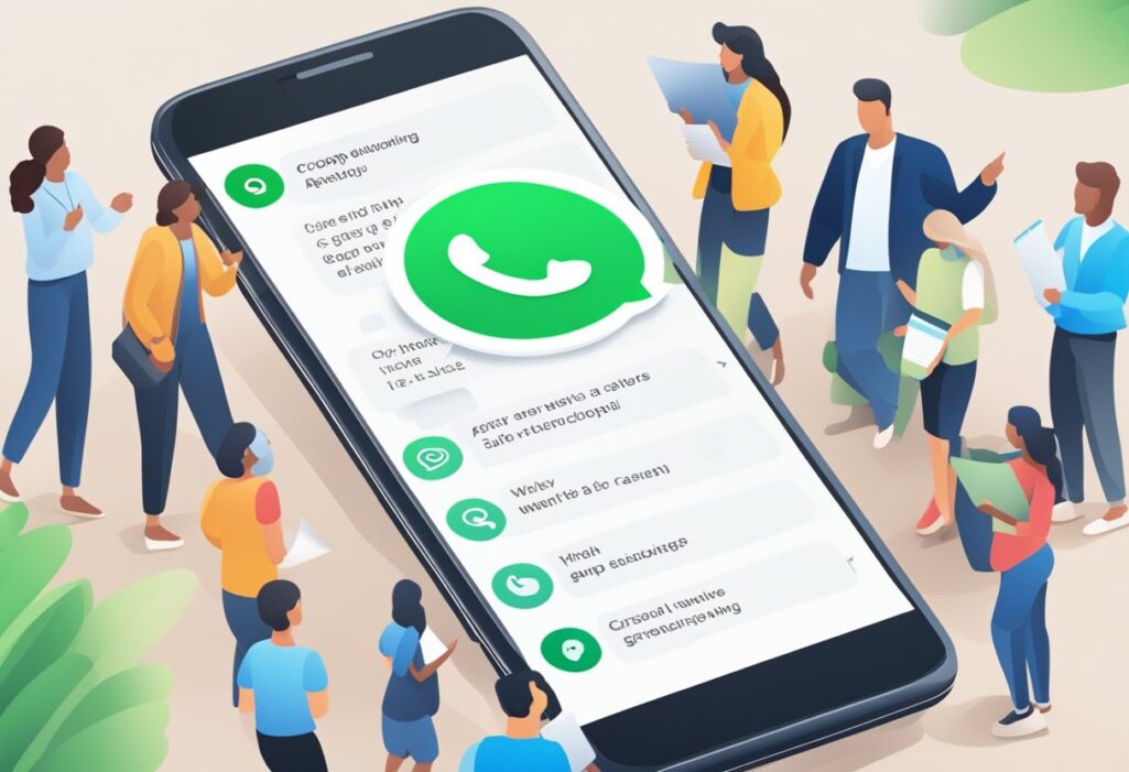 Um smartphone com um chat em grupo do WhatsApp aberto, mostrando as regras do grupo sendo discutidas e acordadas pelos membros