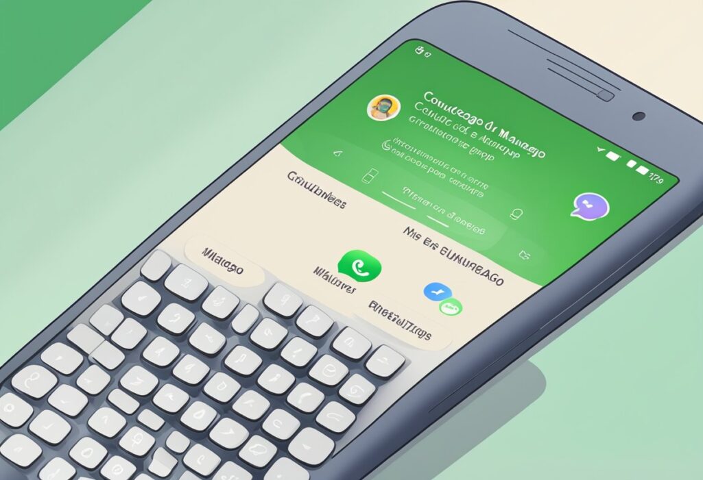 Um smartphone exibindo um grupo de WhatsApp com regras e diretrizes. Uma mão paira sobre a tela, pronta para digitar. O nome do grupo é "Condução e Manutenção do Grupo"