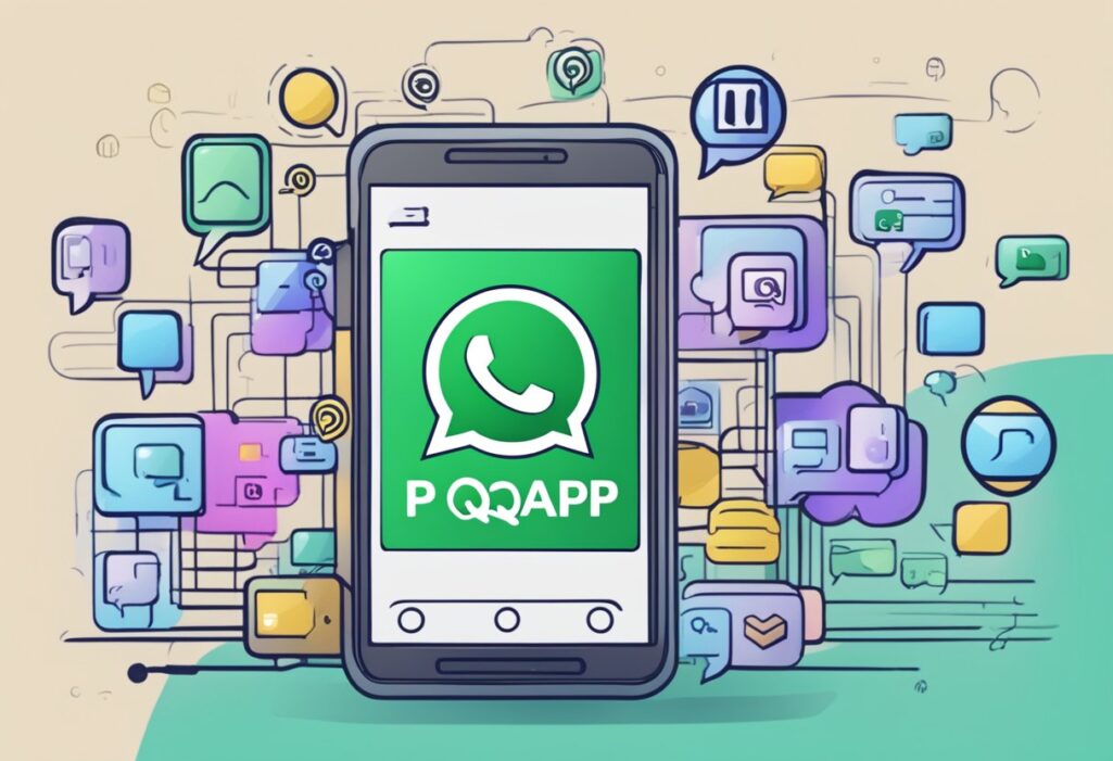 Um smartphone com WhatsApp aberto, exibindo a sigla “PQP” em uma conversa de chat, cercado por balões de pensamento de possíveis consequências e alternativas