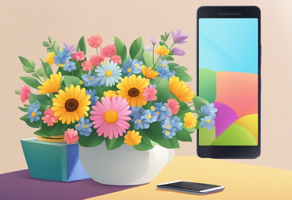 Uma manhã ensolarada de domingo com um buquê de flores coloridas dispostas ao lado de um smartphone exibindo uma conversa no WhatsApp