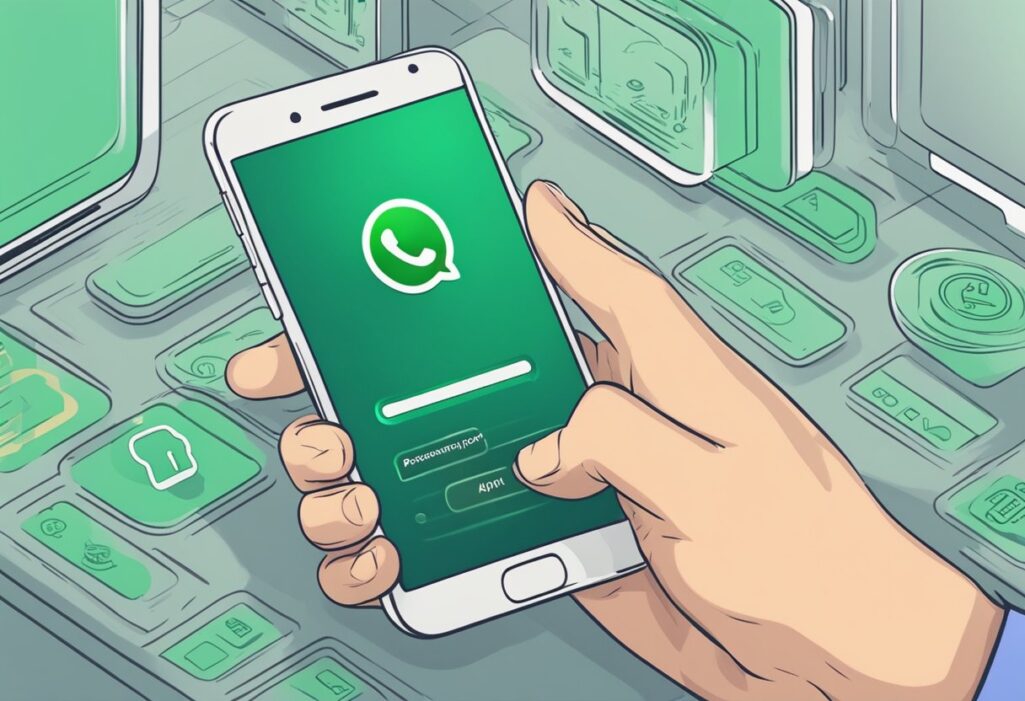 Uma pessoa definindo uma senha em um smartphone com o aplicativo WhatsApp aberto, tocando nas configurações para acessar as opções avançadas de privacidade